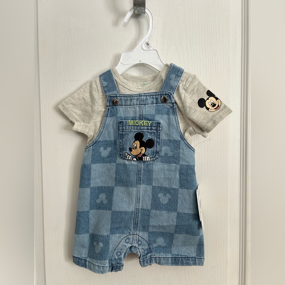 Disney Baby NWT Embroidered Mickey 6m Overalls 2 Piece Outfit Shortall Checks